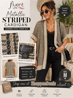 Fluent Life Metallic Striped Open Cardigan Chain Trim Women’s Medium
